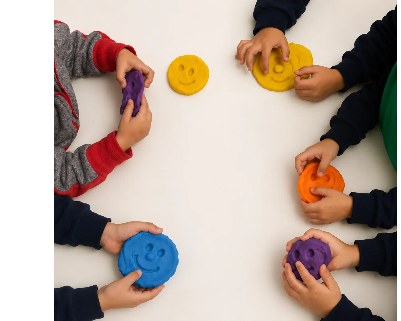 Manos de niñas y niños moldeando masas de colores con caras sonrientes.